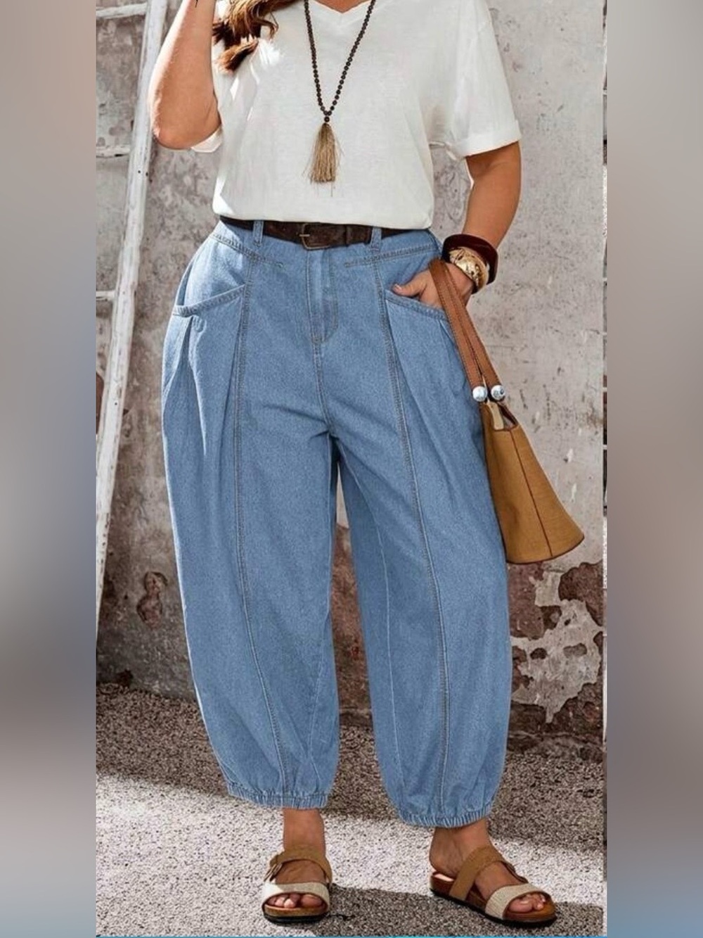 Casual Light Blue Denim Balloon Pants